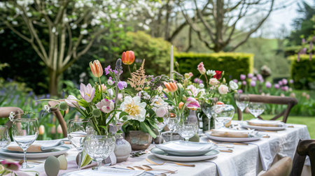 Easter tablescape decoration, floral holiday table decor for family celebration, spring flowers, Easter eggs, Easter bunny and vintage dinnerware, English country and home stylingの素材