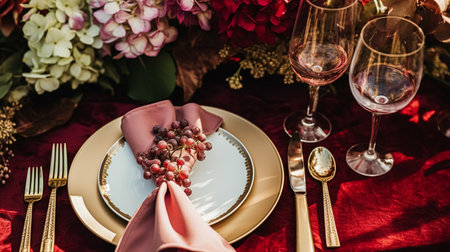 Wedding or formal dinner holiday celebration tablescape with hydrangea flowers in the English countryside garden, table setting and wine, floral table decor for family dinner party, home styling inspirationの素材