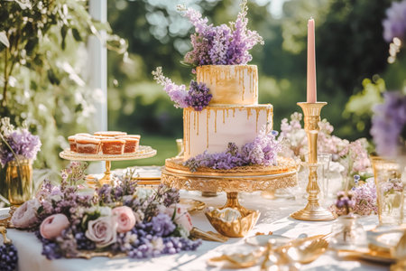 Wedding cake with lavender floral decor, party celebration and holiday dessert in a countryside garden, event food catering, country cottage style, post-processed, generative aiの素材