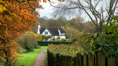 Autumn cottage in the English countryside style, old village architecture, autumnal nature beautyの素材