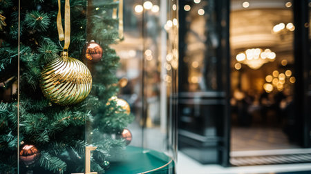 Christmas decoration details on English styled luxury high street city store door or shopping window display, holiday sale and shop decor inspirationの素材