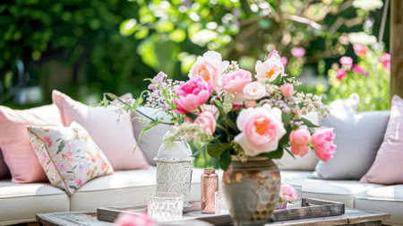 Summer party celebration in the garden, outdoor lounge and countryside house patio decor, English country cottage house design ideaの素材