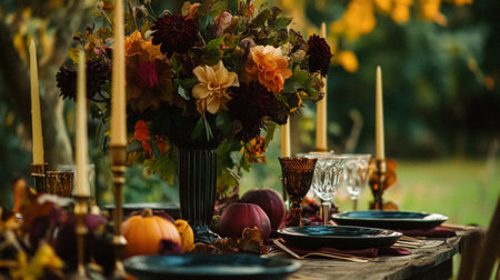 Autumn holiday tablescape and table decor, autumnal table setting with flowers and pumpkins, formal dinner event celebration party, beautiful cutlery, tableware and pumpkin decoration ideaの素材