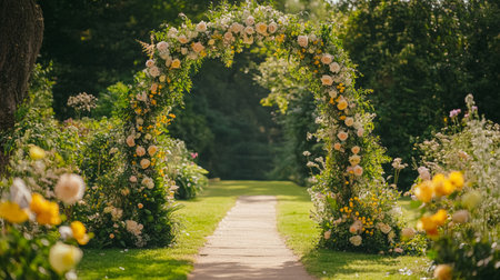 Cottage wedding decoration in the countryside, floral decor and event celebration, flowers, wedding aisle, wedding cake and tablescape, English country style ideaの素材