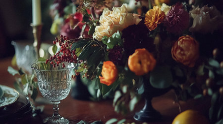 Autumn holiday tablescape and table decor, autumnal table setting with flowers and pumpkins, formal dinner event celebration party, beautiful cutlery, tableware and pumpkin decoration ideaの素材