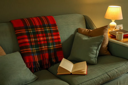 Warm and inviting living room sofa with a book, tartan blanket, and pillows, creating a cozy atmosphere for relaxationの写真素材