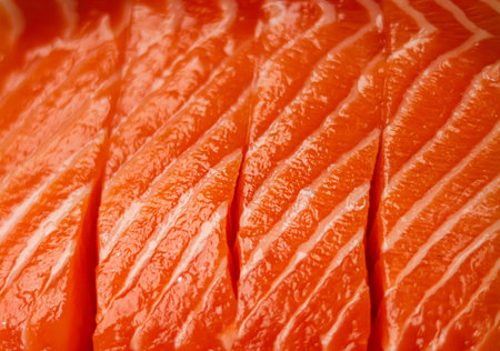 Fresh raw salmon fillet slices forming a vibrant orange background, representing healthy seafood, rich in omega 3 and proteinの写真素材