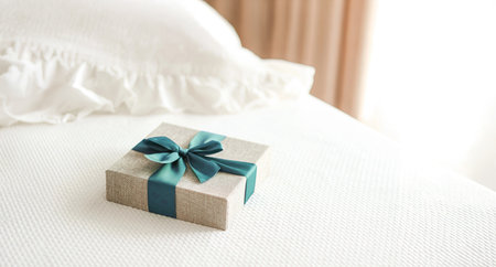 Beige gift box wrapped with a teal bow sitting on a clean white bedspread, suggesting a special occasion or romantic surpriseの写真素材