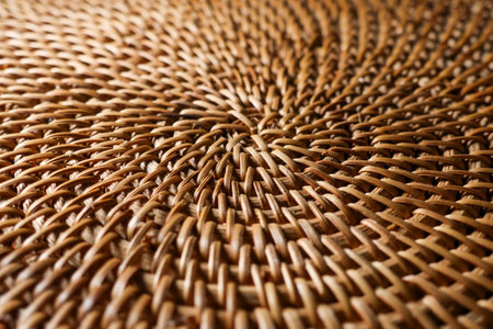 Woven rattan texture creating natural brown pattern on close up of handmade round placemat or...