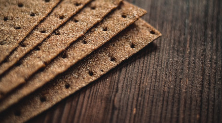 Crispbread wafers presenting a textured surface on a dark wooden table, symbolizing healthy eating, fiber, and whole grain nourishmentの写真素材