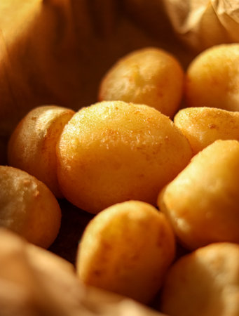 Golden fried dough balls, a sweet snack, filling a rustic paper bag, offering a taste of comforting street foodの写真素材
