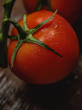 Red tomato on vine with sparkling water drops, highlighting freshness, healthy food, and organic conceptsの写真素材