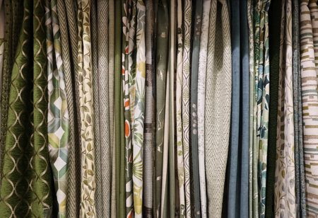 Fabric swatches hanging in vertical rows, presenting different textures, colors, and patterns for curtains and upholstery materialの写真素材