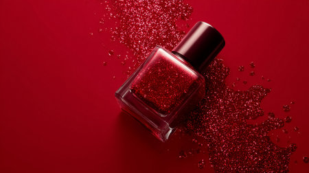Red sparkly nail polish bottle lying on a vibrant red background, surrounded by scattered glitter, creating a festive and glamorous visualの素材