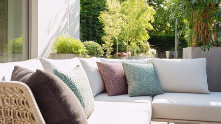Outdoor lounge sofa with decorative pillows on sunny patio, bringing comfort and relaxation to a luxurious backyard gardenの素材