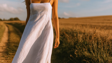 Young woman in a white dress walking through a sunlit country field. Capturing nature, peace, and simplicityの素材
