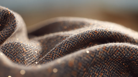 Woven textile fabric showing a detailed texture with sparkling threads and soft folds against a warm, blurred backgroundの素材