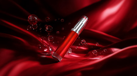 Red cosmetic spray bottle standing on vibrant silk fabric, surrounded by sparkling water drops. Concept of luxury beauty productsの素材