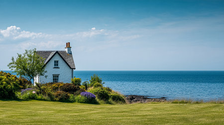 Idyllic white cottage nesting on a hill above the ocean, offering a serene coastal landscape view with blue water and skyの素材