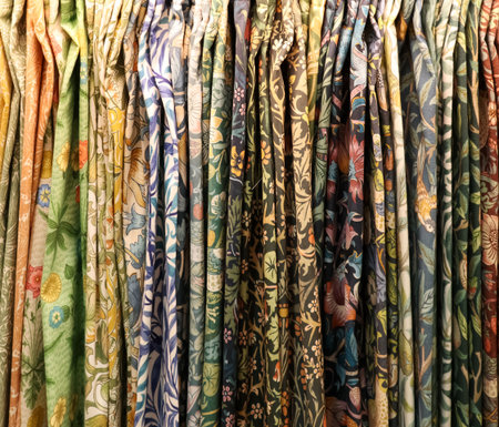 Collection of colorful fabrics displaying intricate floral and botanical patterns, reflecting a...