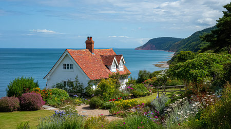 Cottages with breathtaking sea views, a colorful garden filled with blooming flowers and lush greenery during golden hourの素材