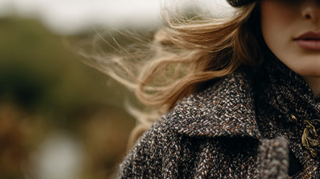 Woman's blonde hair blowing in the wind, wearing a stylish tweed jacket and hat, creating a serene fashion portrait outdoorsの素材