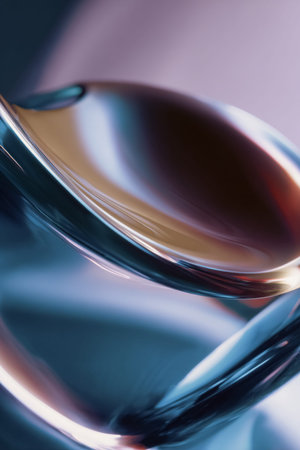 Abstract metallic waves flowing smoothly, reflecting blue, purple, and orange light. Modern chrome...
