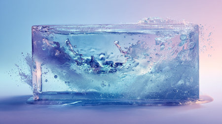 Transparent ice block containing rapidly splashing water, capturing the motion of liquid transforming into iceの写真素材
