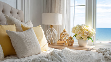 Bright bedroom showcasing coastal decor, soft cushions, and a bedside table with a lamp and flowers, overlooking the tranquil oceanの写真素材