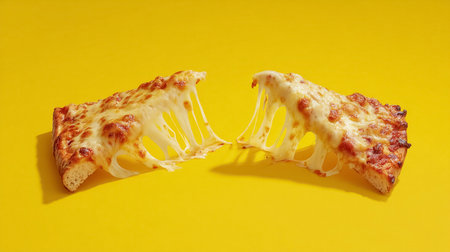 Two slices of hot pizza pulling melted cheese apart on a vibrant yellow background, creating a...