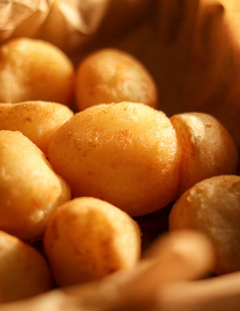 Pao de queijo, warm traditional Brazilian cheese bread snack, fresh and ready to eat, served in a craft paper bagの写真素材