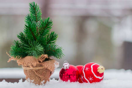 Christmas balls in snowの写真素材