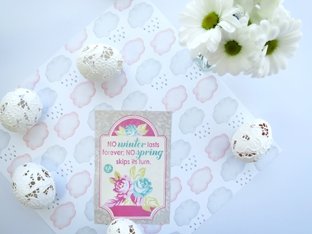 Spring celebration card, Easter eggs and white flowersの写真素材