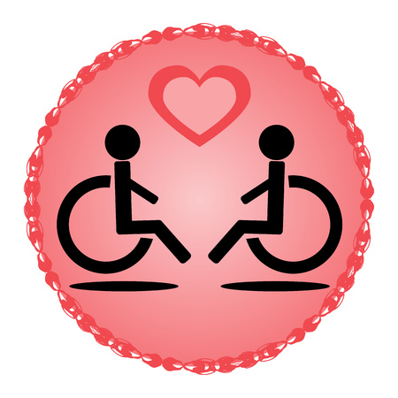 Schematic disabled loving couple in a wheelchair on a pink background with ornate frame and pink heart. Isolated icon.のイラスト素材