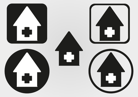 Set house icon with a cross. Circle, square with rounded corners.  Flat schematic abstract image.のイラスト素材
