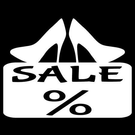 An abstract illustration on a black background: silhouette of shoes and a simple frame for text with the word SALE and percent sign. Monochrome.のイラスト素材