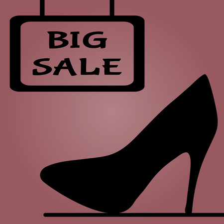 Schematic black silhouette shoes on a pink background and frame for text with the word Big Sale.のイラスト素材