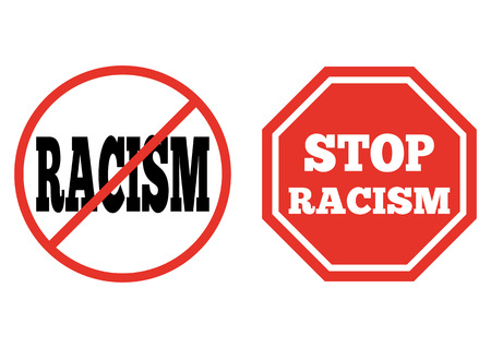 A set of signs. The prohibition of racism. The octagonal red sign with the words Stop racism. Isolated.のイラスト素材