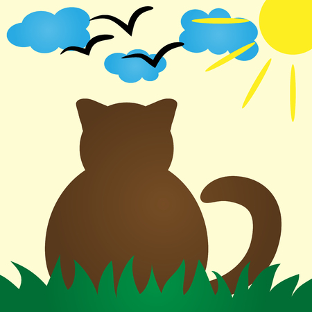 Cat Silhouette rear view. Cat peacefully resting in the grass. Clouds, sun, a schematic image of a bird. Colorful poster, card for kids. Simple abstract illustration.のイラスト素材