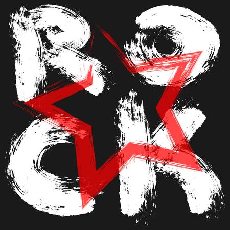 Handwriting rock, rough brush white paint. Black background. Silhouette of a red star. Abstract image. Transparency.のイラスト素材