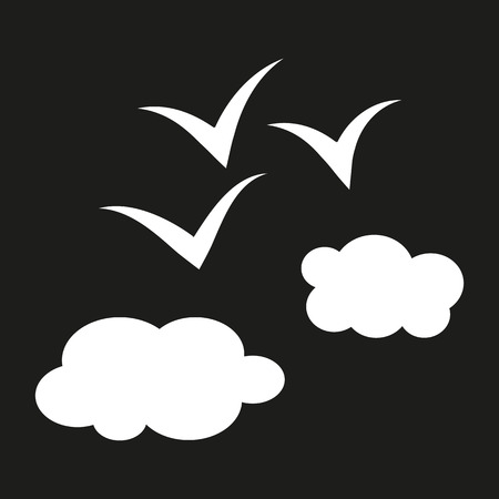 Simple schematic illustration of birds flying above the clouds. The white color on a black background. Abstract sketch.のイラスト素材