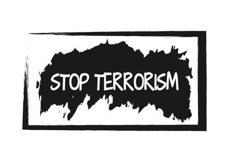 Text Stop Terrorism in rough frame on the background of abstract brush stroke. Grunge. Isolated.のイラスト素材