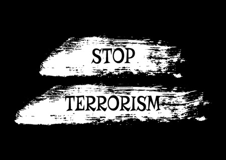 White dashed strokes of the brush. Text Stop Terrorism. Grunge. Isolated on a black background. Abstract.のイラスト素材