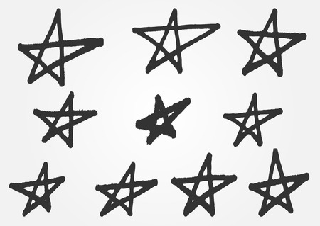 A set of distorted stars from the hand of a rough brush. Grunge sketch. 10 isolated abstract elements.のイラスト素材