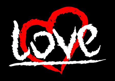 Text Love handwritten rough strokes. The symbol of the heart. Color template.のイラスト素材