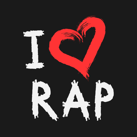 Handwriting I love Rap. Heart painted rough brush. Grunge. Black, white, red.のイラスト素材