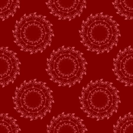 Round floral ornament. Seamless pattern. Pink abstract element on a red background.のイラスト素材
