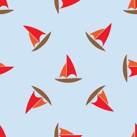 Repeating texture sailboat. Yacht seamless pattern. Blue, brown, red, orange.のイラスト素材