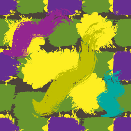 Abstract background painted colorful brush strokes. Seamless pattern. Grunge texture. Green, purple, yellow, blue, brown.のイラスト素材