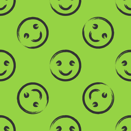 Smiley face drawn with a brush. Seamless pattern. Grunge. Green, black.のイラスト素材